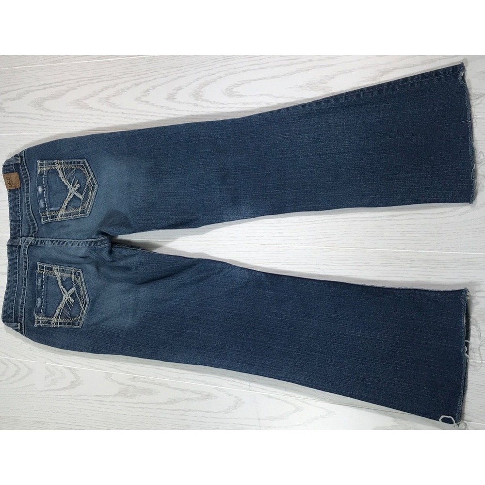 BKE Bootcut Jeans Womens 30x29  Kate Stretch Blue Whiskered Frayed Boho Cowgirl